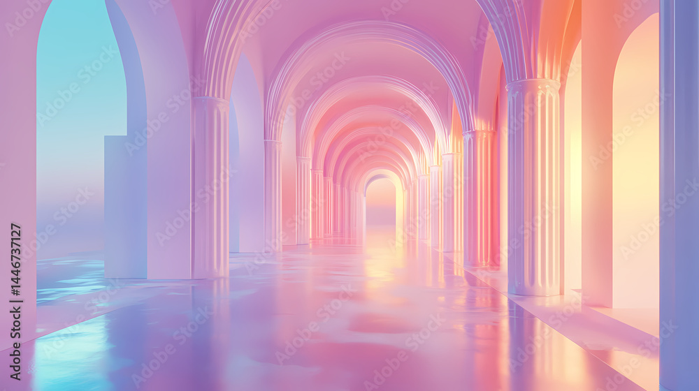 A glowing pastel corridor lined with futuristic arches and columns, blending modern elegance with dreamlike colors. [Dream Architectures] | Luminescent Vaults | glowing arches. Illustration