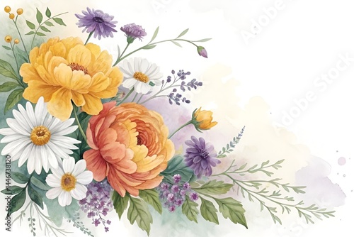 Watercolor Floral Border Art Print – Yellow, Orange & Purple Peony and Daisy Bouquet