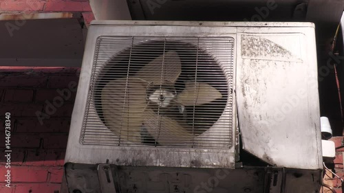 An old air conditioner fan is spinning on a hot day.