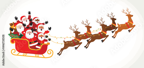 Diverse Group of Santas in a Flying Christmas Sleigh