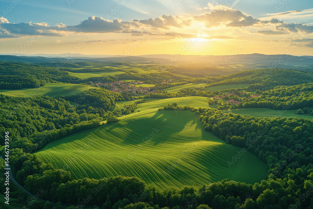 Fototapeta premium aerial view of stunning rural landscapes in europe showcasing fields forests and villages.