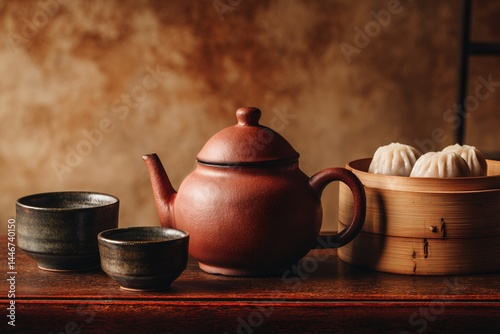 Traditional Chinese Tea Set with Dumplings Cozy Tea House Food Photography Rustic Environment Warm Atmosphere