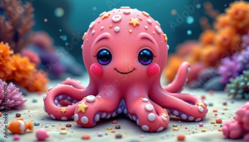 A friendly, chubby octopus with rosy cheeks and small stars.