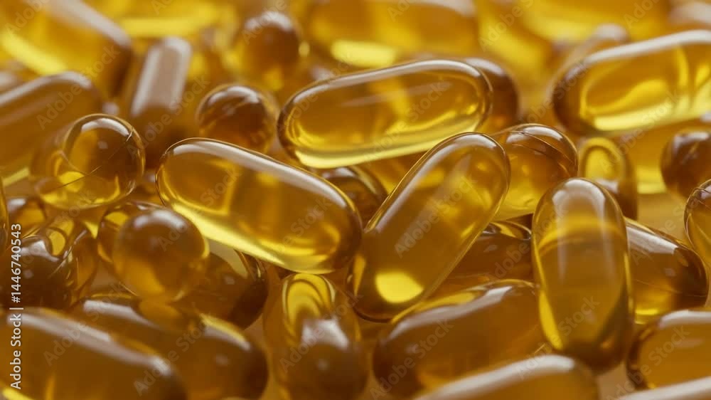 Fish oil in capsules. Production of vitamins and medicines for health. Medicine and pharmaceuticals. Omega 3 vitamin pills. 