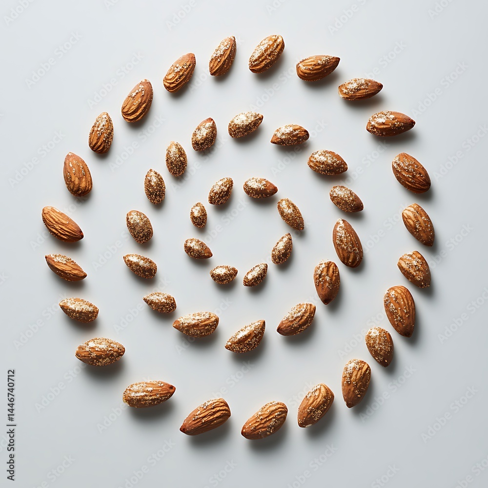 Fototapeta premium almonds arranged in a spiral luxury pattern, dusted with edible gold shimmer, soft backlight and rich depth tones, highly realistic texture, isolated plain background 