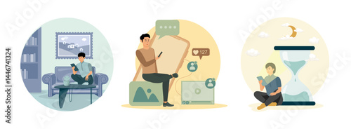 Text message on social media app. Mobile application testing. Screen time.