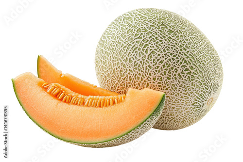 Whole cantaloupe with two slices rests on a plain surface.  The melon is a pale green with a textured rind and the slices are a vibrant orange-yellow. photo