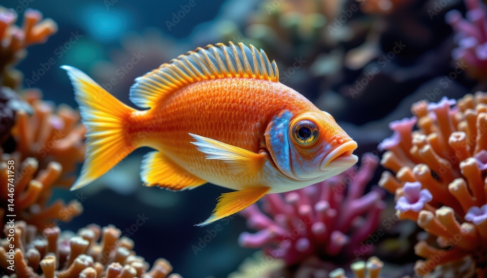 A playful fish with shimmering fins, darting between coral. A playful fish with shimmering fins, darting between coral.