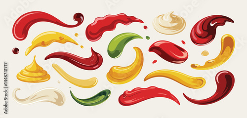 Colorful Splashes of Ketchup Mustard Mayonnaise and Other Sauces