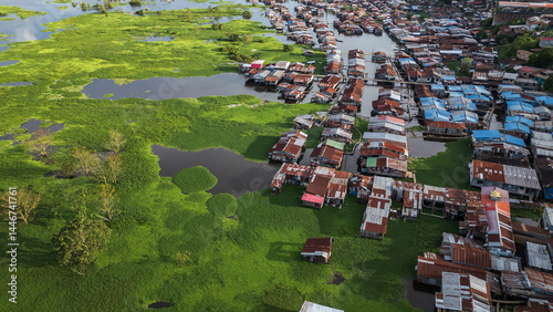 Houses on the water, flooding in the Peruvian Amazon, in the city of Iquitos, where the Nanay River rises and floods the houses on the riverbanks