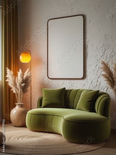 Mockup poster frame in cozy boho living room with green velvet sofa, pampas grass decor, and warm ambient lighting