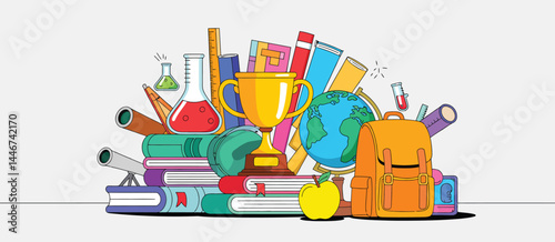 Back to School Supplies Illustration with Backpack and Trophy