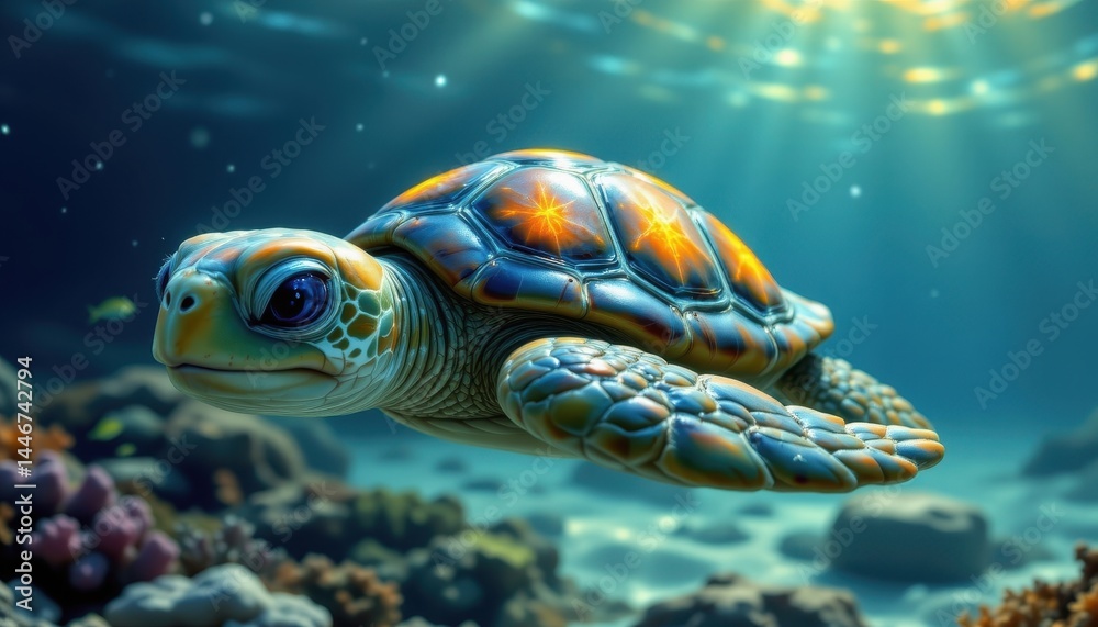 Fototapeta premium A cheerful sea turtle with glowing spots, floating peacefully.
