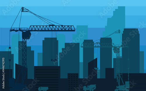Construction business, high-rise building, crane use and construction of large buildings in cities, graphics of building  in large cities