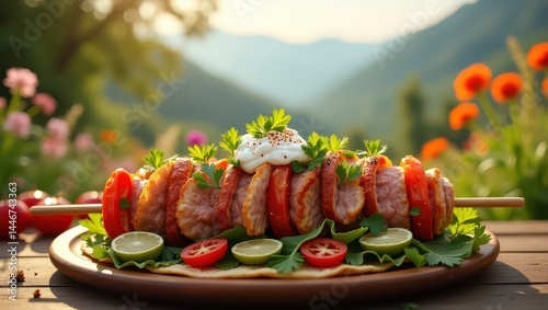 Barbecue on a background of grass and flowers