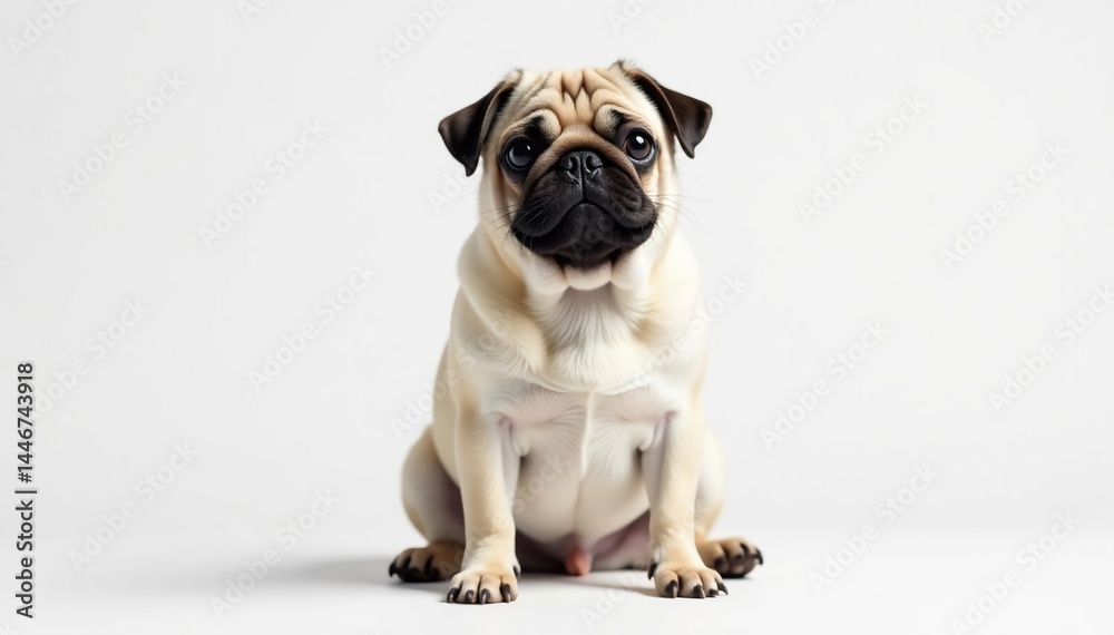 Obraz premium Adorable pug dog sits alone on white background, charming, puppy, happy