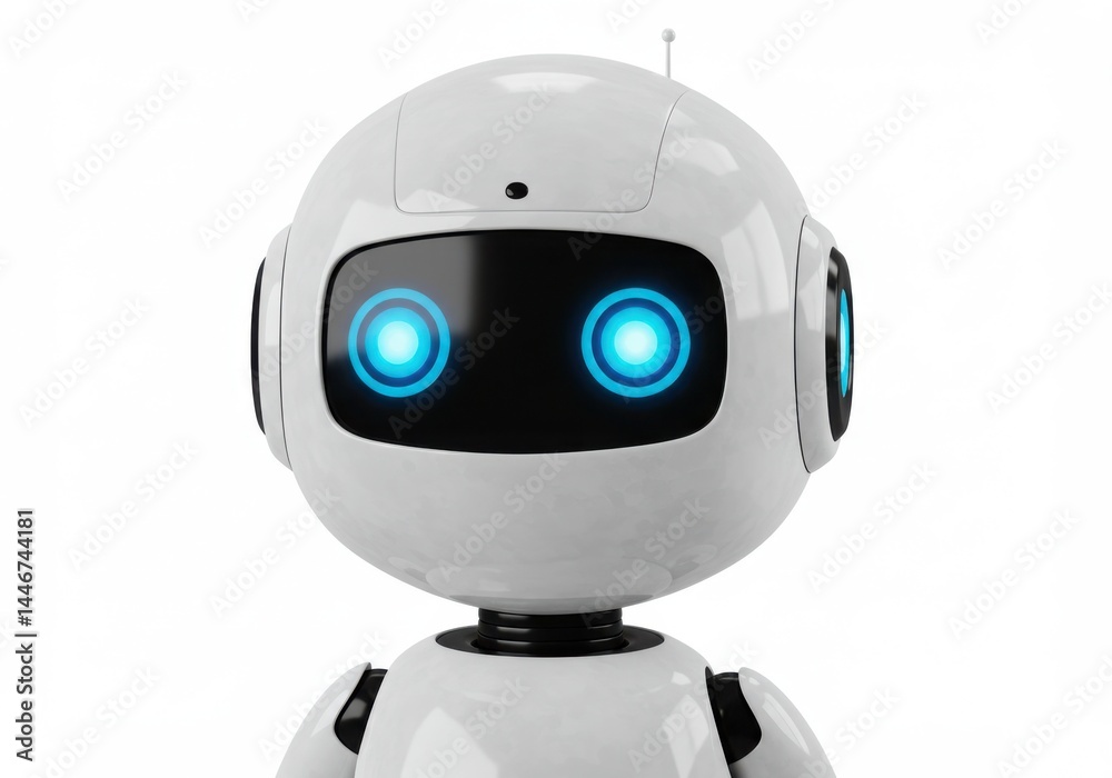 Close up of a white robot with glowing blue eyes isolated on white background Close up of a white robot with glowing blue eyes isolated on white background