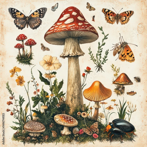 Vintage Botanical Illustration of Mushrooms and Insects in Nature