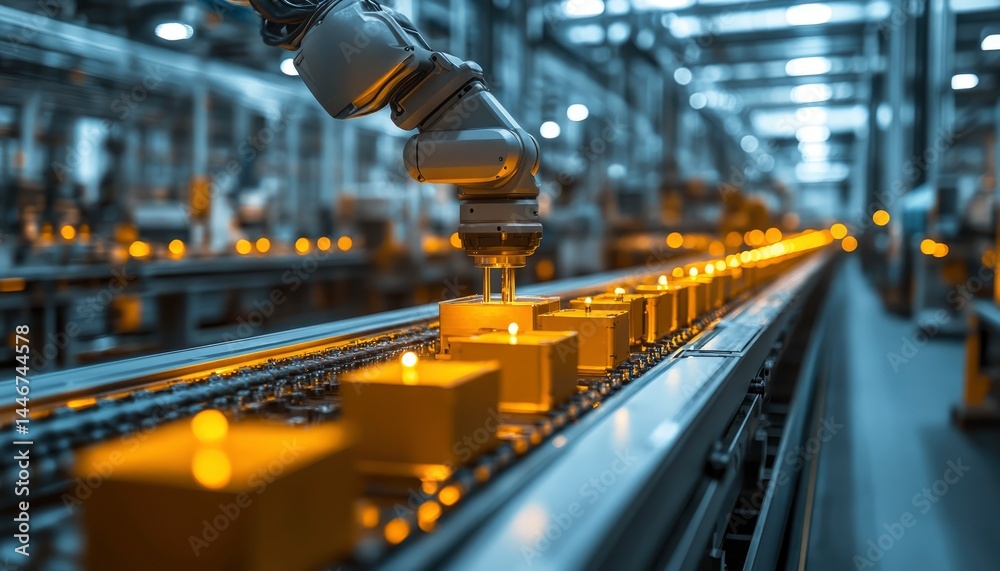A robotic arm operates in a factory, assembling yellow boxes on a conveyor belt. A robotic arm operates in a factory, assembling yellow boxes on a conveyor belt.