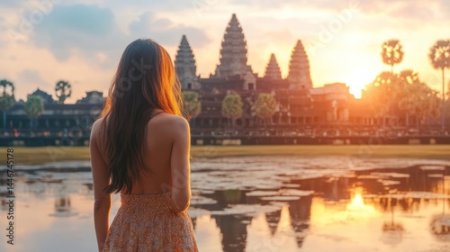 Contemplative tourist admires the scenic beauty of Angkor Wat temple at dusk