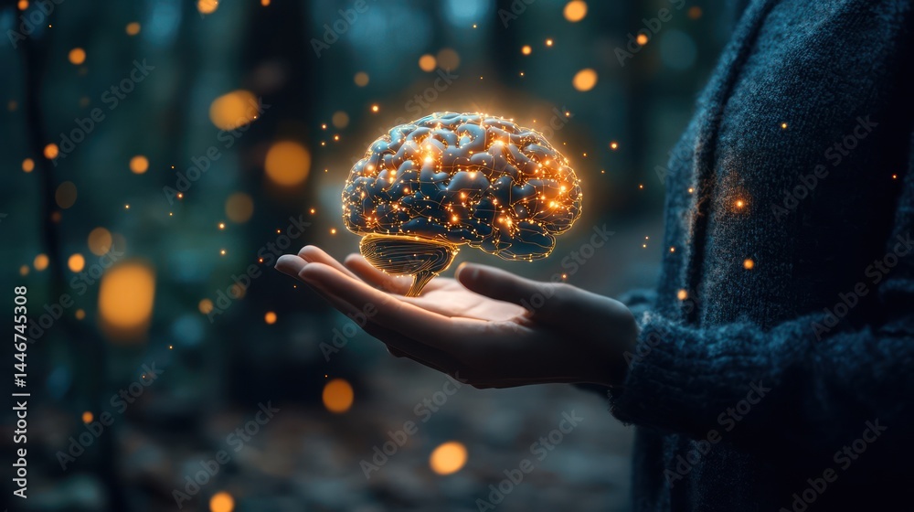Fototapeta premium holding a glowing digital brain, representing artificial intelligence and innovation in technology.
