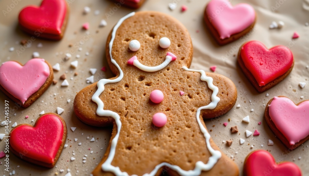 Obraz premium A smiling gingerbread man with minimal frosting details, surrounded by hearts.