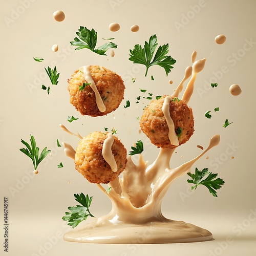 falafel balls suspended in mid-air, with a burst of hummus and tahini sauce splashing around, fresh parsley leaves flying, golden-brown crust, isolated plain background 