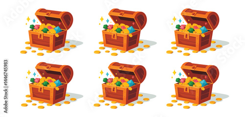 Six Open Treasure Chests Filled with Gold Coins and Gems