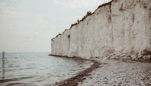 A serene coastal landscape featuring a white chalk cliff by the water.