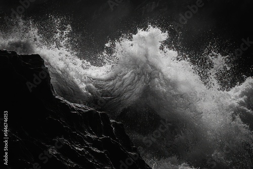 Foamy water crashing over jagged rocks in a dramatic wave