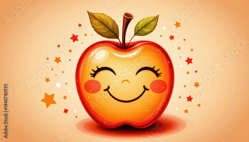 A smiling apple with rosy cheeks, surrounded by tiny stars.
