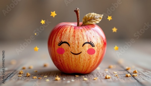 A smiling apple with rosy cheeks, surrounded by tiny stars.