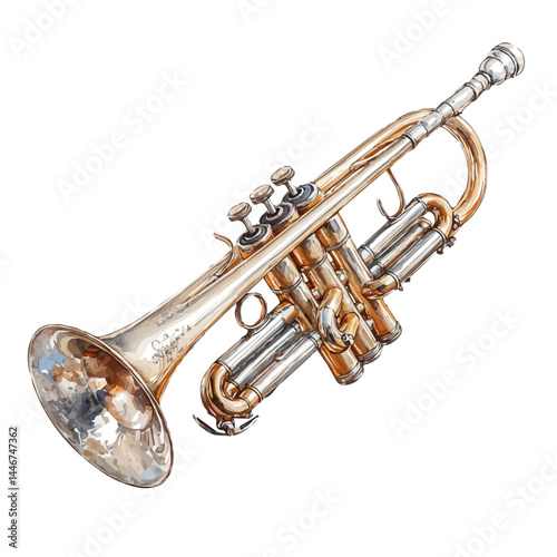 illustration of Silver Trumpet With Shining Bell, watercolor vector, isolated on a white background.