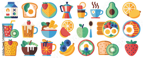 Colorful Flat Lay Illustration of Breakfast Foods and Drinks