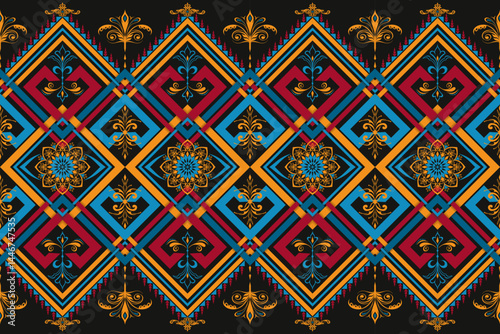 Crimson red, sapphire blue, and goldenrod yellow folk-inspired seamless pattern with geometric and ornamental details. Ideal for ethnic fabric, apparel, and cultural decor.