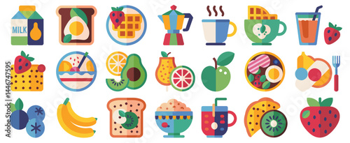 Colorful Flat Lay Illustration of Breakfast Foods and Fruits