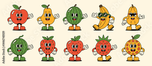 Retro Cartoon Fruit Characters Set Illustration