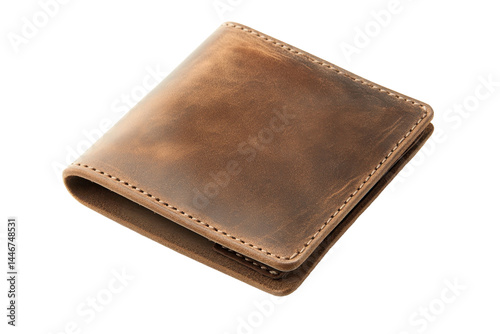 Top-down, detailed image of a brown leather billfold wallet, highlighting the texture and stitching.