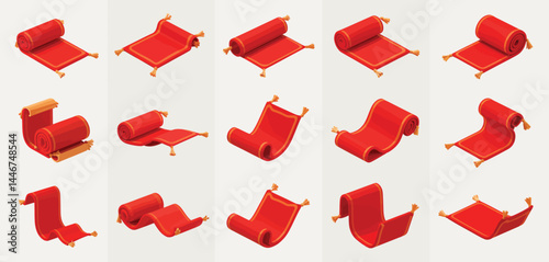 Twelve Red Rolled Carpets in Various Isometric Positions