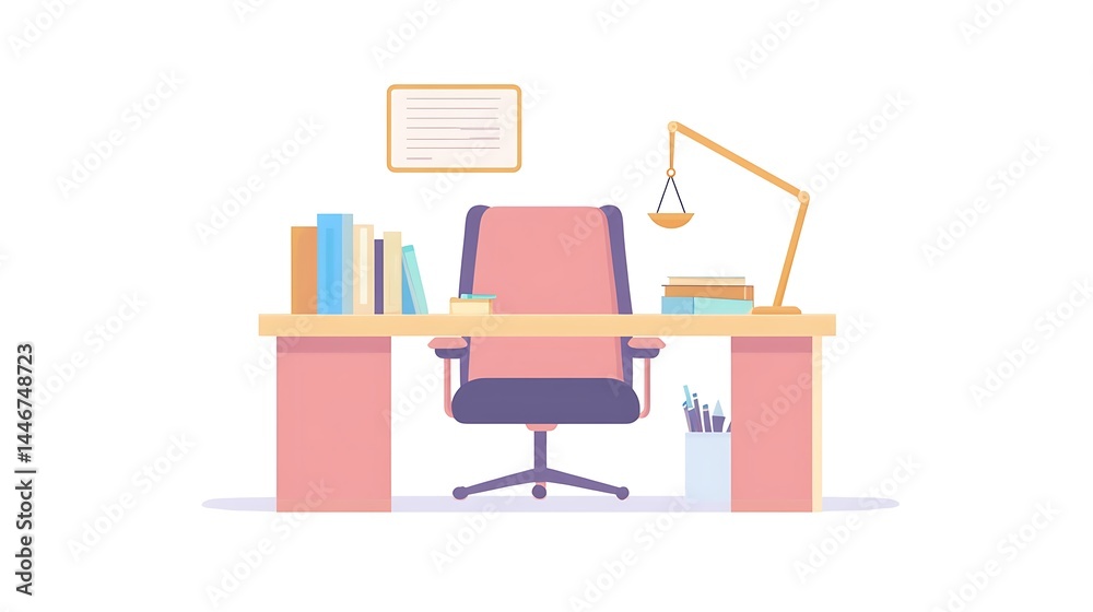 Fototapeta premium illustration of a lawyer’s desk with a balance scale at the center, stylized desk elements around it in flat design, justice and law theme, isolated plain background --ar 16:9 