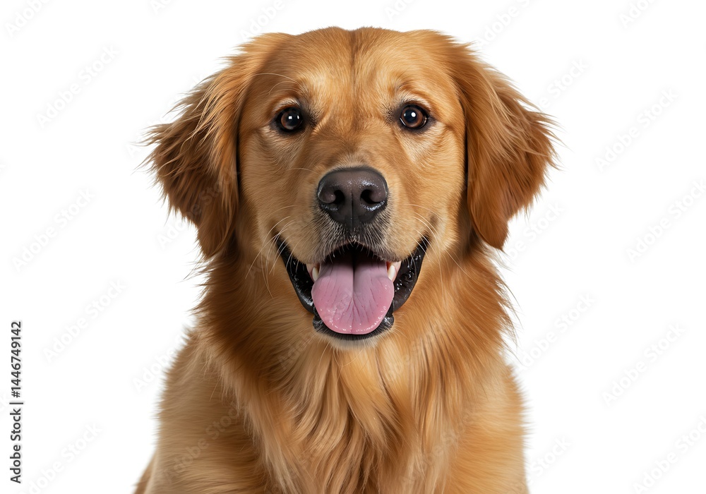 Close up portrait of a golden retriever with an open mouth on a white background looking at the camera Close up portrait of a golden retriever with an open mouth on a white background looking at the camera