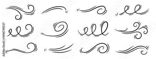 Wind line air swirl vector icon set. Hand drawn doodle wind motion, air blow, swirl doodle elements. Sketch drawn air blow motion, smoke flow wave, abstract line. Isolated vector illustration