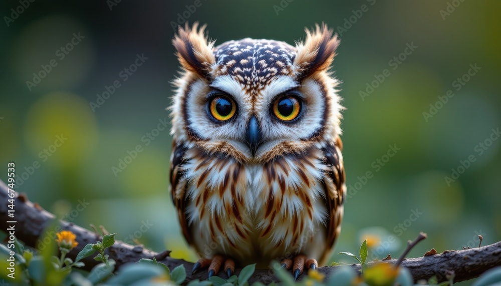 A cute owl with tiny feathers and a glowing face.