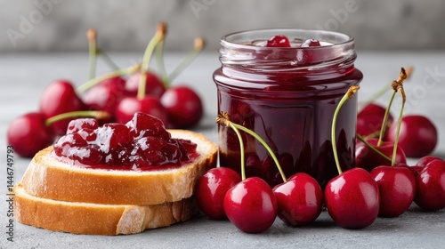 Cherry jam spread on sliced bread with fresh cherries and a jar of jam on a gray surface.