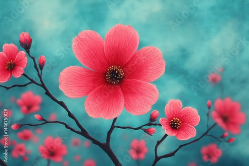 Vivid pink flowers bloom on delicate branches against a dreamy blue background, creating a striking and artistic floral scene.