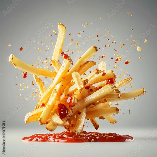 pile of hot fries frozen mid-air, splashes of ketchup and mustard surrounding them, vibrant colors and crispy details, isolated plain background 