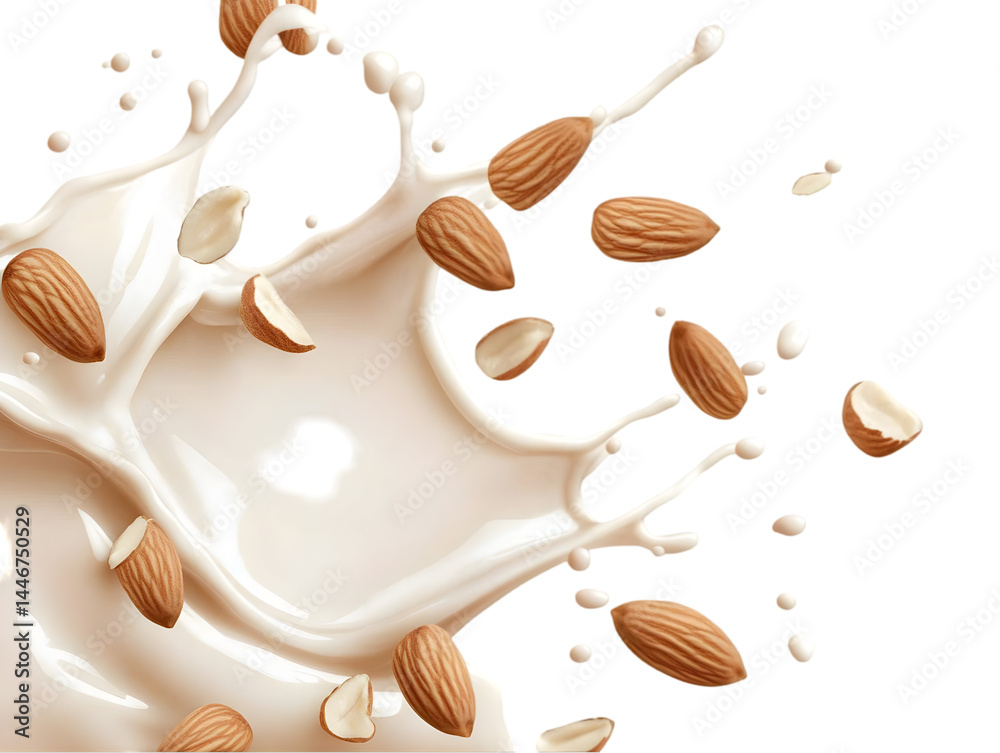 Fototapeta premium Almond Milk Splash Isolated Background Realistic Food Illustration