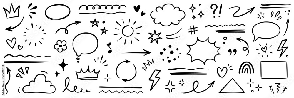 Line hand drawn brush marker arrow, heart, crown element set. Hand drawn sketch marker underline shape, arrow, star scribble brush pen stroke element. Crown, love graphic icon. Vector illustration