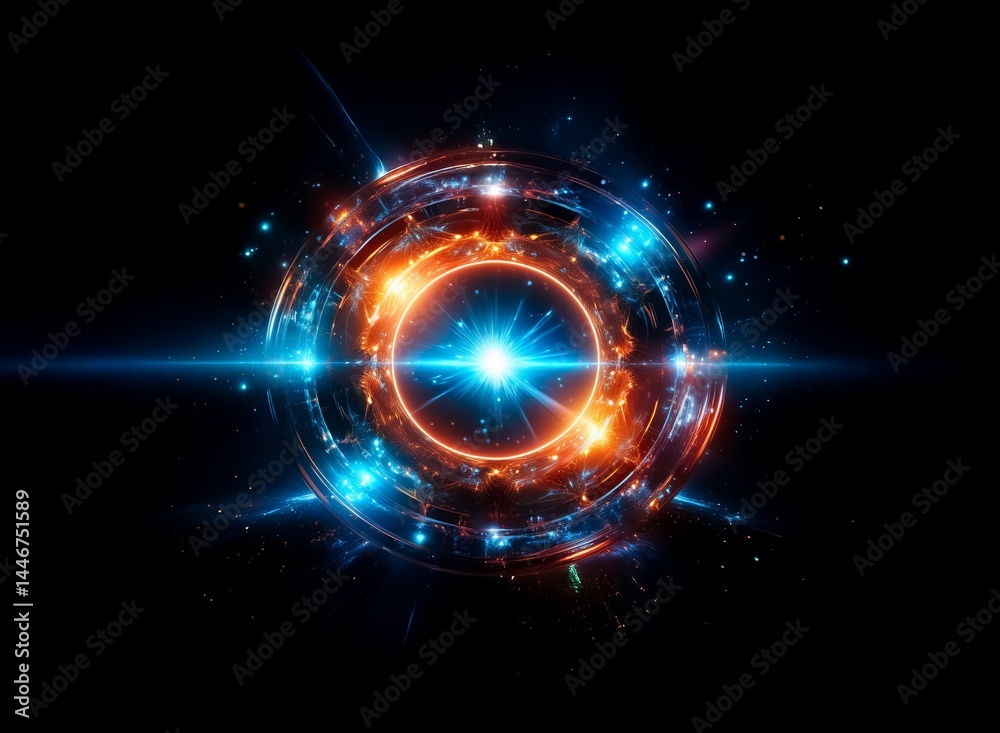 Obraz premium A vibrant, glowing circular energy field pulsates with bright blue and orange light, surrounded by swirling particles and radiating beams in a dark, cosmic setting. The core emits a brilliant, intens