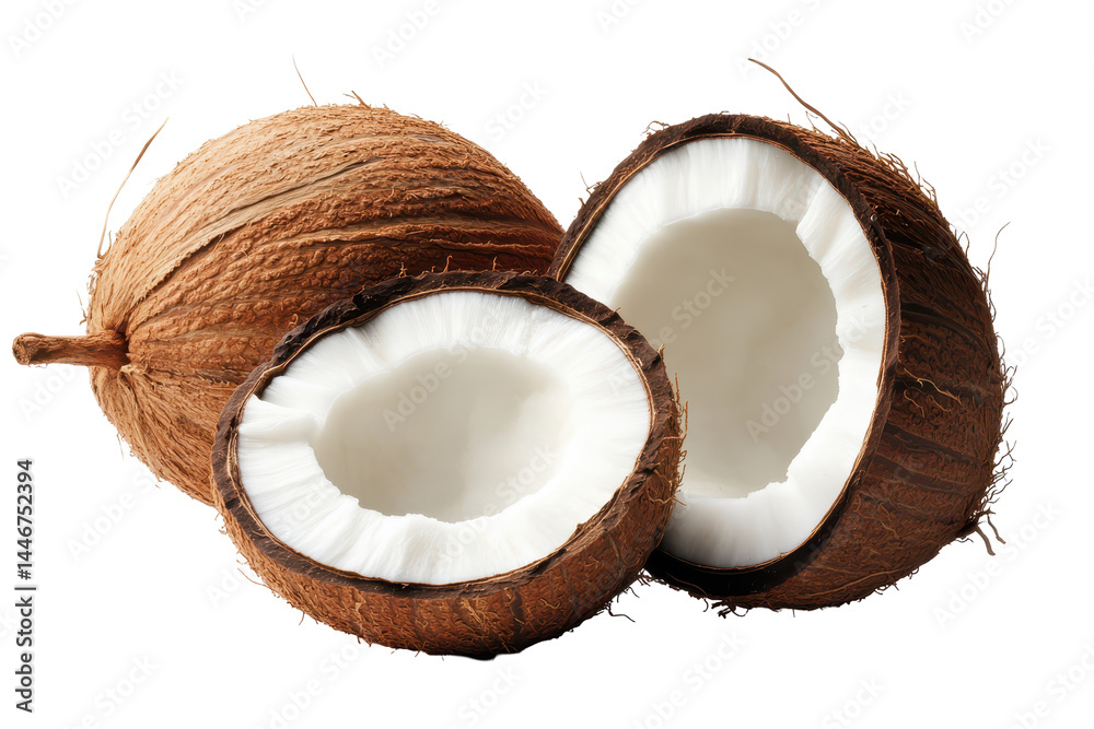 Close-up view of two halves of a coconut, showcasing the contrasting brown shell and the inner white flesh. The image highlights the natural beauty of this tropical fruit. Close-up view of two halves of a coconut, showcasing the contrasting brown shell and the inner white flesh. The image highlights the natural beauty of this tropical fruit.